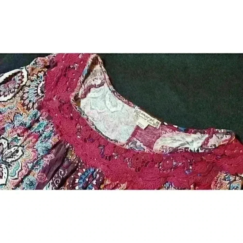 ENERGE' Womans CRANBERRY BURGUNDY Shirt LONG Sleeves Top Crotchet Neck size Med - Picture 6 of 6